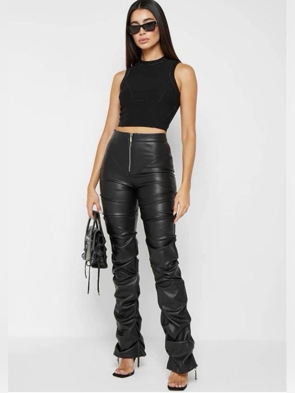 Maniere De Voir Tacked Faux Vegan  Leather Flared Pants HighWaist front zip